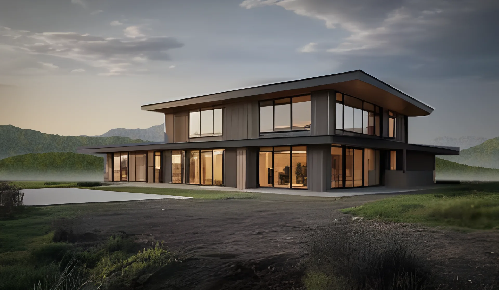 A modern family house on a hill above a misty valley at sunset